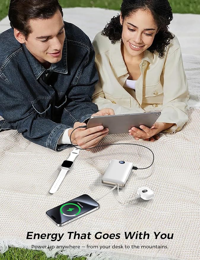 Power Bank, 50000 mAh Portable Charger with Built in Cable & Wall Plug, 22.5W Fast Charging, Travel Essential Battery Pack with LED Display for iPhone 17/16/15/14 Series, Galaxy, iPad White