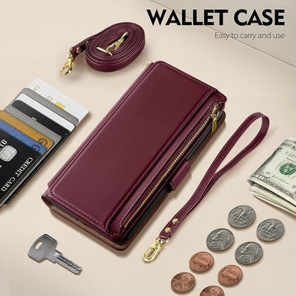 Antsturdy Compatible with iPhone 15 Wallet Case for Women【RFID Blocking】 Crossbody Phone Case PU Leather Zipper Wrist Strap Flip Protective Cover Credit Card Holder Slots,for Apple 15 6.1",Wine Red