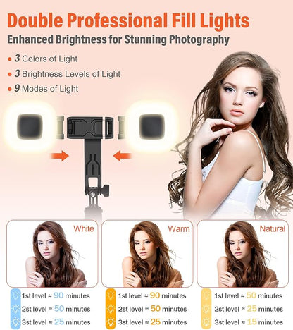 Selfie Stick Phone Tripod - 71 inch Tall Cell Phone Holder with Detachable Wireless Remote and 2 LED Lights for Recording, Video and Picture, Phone Stand for iPhone, Android, Camera & Gopro