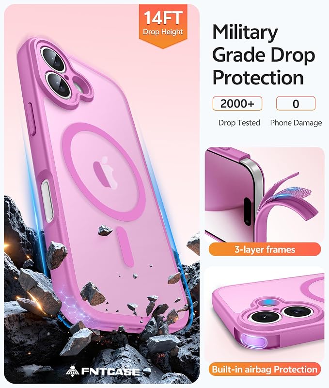 FNTCASE for iPhone 17 Case, Compatible with Magsafe, Glass Screen Protector | Full Camera Protection, Translucent Matte, 14FT Military Grade Drop Proof, Shockproof Protective Phone Cover, Pink