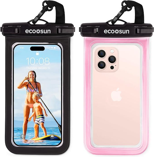 Eco Sun Waterproof Phone Pouch (2-Pack) — Designed in Hawaii — Case Fits All iPhones (incl. 17 Pro Max), Samsung Galaxy S24 & More (Black/Pink)