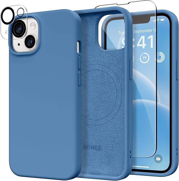 GONEZ Magnetic for iPhone 14 Case, Compatible with Magsafe, with Screen Protector + Camera Protector, Anti-Scratch Microfiber Lining, Liquid Silicone Shockproof Protective Phone Case, Lake Blue