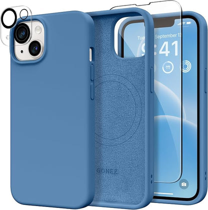 GONEZ Magnetic for iPhone 14 Case, Compatible with Magsafe, with Screen Protector + Camera Protector, Anti-Scratch Microfiber Lining, Liquid Silicone Shockproof Protective Phone Case, Lake Blue