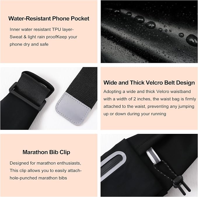Running Belt Fanny Pack:3 Pocket Waist Bag for Men Women Workout Exercise Fitness Phone Holder Fits All Phones - Runner Marathon Jogging Race Belt with Bib Clip (Black)