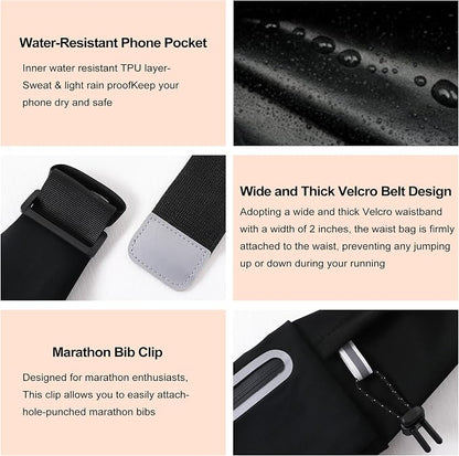 Running Belt Fanny Pack:3 Pocket Waist Bag for Men Women Workout Exercise Fitness Phone Holder Fits All Phones - Runner Marathon Jogging Race Belt with Bib Clip (Black)
