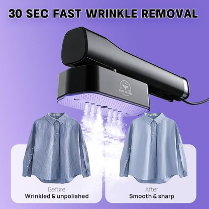 Doer Brands Travel Steamer for Clothes Dual Voltage 110-240V, Handheld Steamer, 1100W Powerful Wrinkle Remover, Ceramic Panel, 3 Steam Levels & 360° Rotating Head,Travel Kit with Universal Adapter