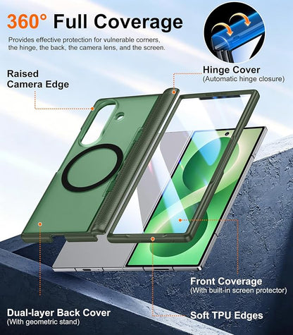 SPIDERCASE Magnetic for Samsung Galaxy Z Fold 8 Ultra Case, Built-in [Screen Protector] [Stable Kickstand] [Hinge Protection] [Compatible with Magsafe] Military Grade Protective Phone Case, Dark Green
