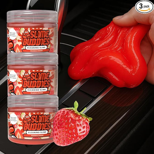 Slime Buddies Car Cleaning Gel Putty - 3 Pack Strawberry Scent Interior Detailing Tool for Cup Holder, Air Vent & Keyboard - Reusable Auto Detailing Accessory - Dust Remover Goop - Gift for Men Women