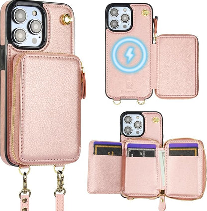 Bocasal for MagSafe Crossbody Wallet Case Compatible with iPhone 14 Pro Max, RFID Blocking Protective Purse Case with Card Slots Holder Kickstand Wrist Strap Lanyard Zipper 6.7 Inch 5G (Rose Gold)