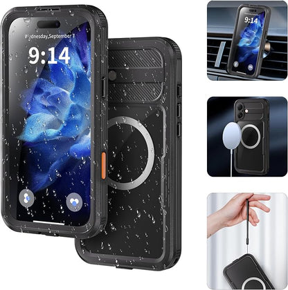 Omio Designed for iPhone 16 Waterproof Case Compatible with MagSafe, Magnetic Waterproof Full Body IP68 Underwater Case Built-in Screen Protector Military Grade Shockproof Case for Men Women Black