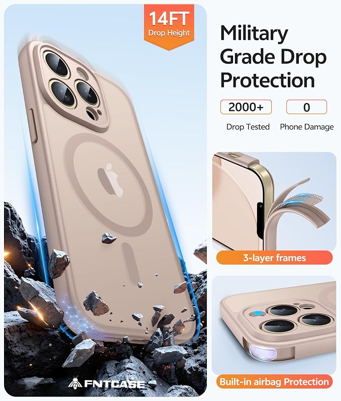 FNTCASE for iPhone 13 Pro Max Case: [Compatible with Magsafe] Translucent Matte Magnetic Phone Cover - Military Grade Drop Protection Shockproof Protective Cases - Desert Gold