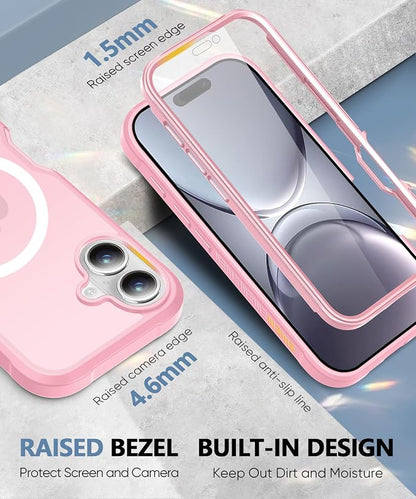 Compatible with iPhone 16 Case, Built-in Screen Protector, with Camera Lens Protector, [Compatible with MagSafe] Matte Back Full Body Phone Case, Protective Cover for 16 6.1" (Pink)