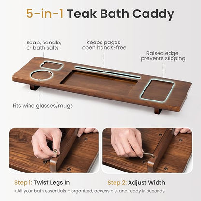 Premium Teak Bathtub Tray for Freestanding Baths - 29" Adjustable Spa Caddy | Compact, Thick & Stable Design | Anti-Tip with Accessories Holder | Natural Water-Resistant Finish