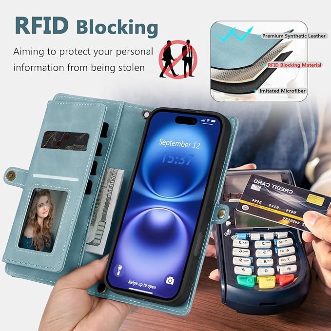 Wallet Case for iPhone 16 with Card Holder/Crossbody Wallet/Strap| RFID Blocking | Magnetic | Kickstand | Detachable | PU Leather Phone Case for iPhone 16,6.1 in,Blue