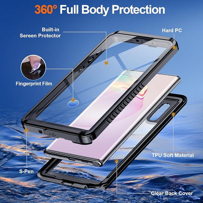 Hualele for Samsung Galaxy Note 10 Case Waterproof, Built in Lens & Screen Protector Rugged Full Body Heavy Duty Protective Military Grade IP68 Underwater Cover Case for Galaxy Note 10 Black