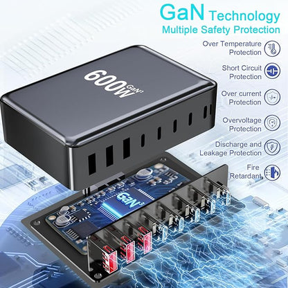 600W USB C Charger Block, Multi-port Fast USB Charging Station Dual PD 140W GaN Ⅲ Charging Station For Multiple Devices, Laptop Charger Adapter Compatible with MacBook, DELL, iPad, iPhone, Samsung etc