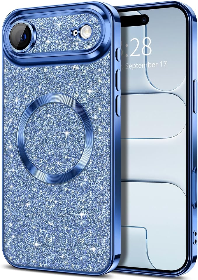 Hython for iPhone Air Case Glitter Clear Magnetic Phone Cases [Compatible with MagSafe] Full Camera Lens Protector Sparkle Luxury Plating Slim Shockproof Protective Cover Women, Deep Blue