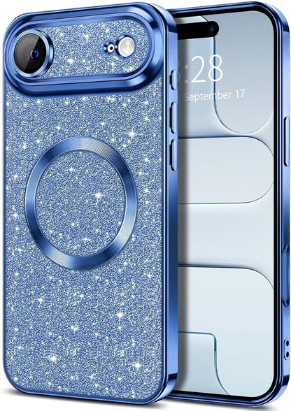 Hython for iPhone Air Case Glitter Clear Magnetic Phone Cases [Compatible with MagSafe] Full Camera Lens Protector Sparkle Luxury Plating Slim Shockproof Protective Cover Women, Deep Blue