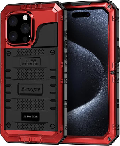 Beasyjoy for iPhone 15 Pro Max Case Waterproof, Metal Heavy Duty Full Body Protective Case with Built-in Screen Protector, Military Grade Shockproof Defender Cover for iPhone 15 Pro Max 6.7", Red