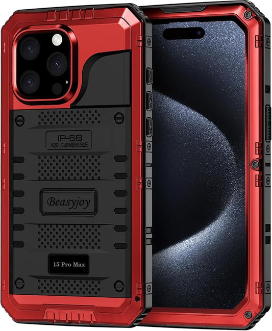 Beasyjoy for iPhone 15 Pro Max Case Waterproof, Metal Heavy Duty Full Body Protective Case with Built-in Screen Protector, Military Grade Shockproof Defender Cover for iPhone 15 Pro Max 6.7", Red