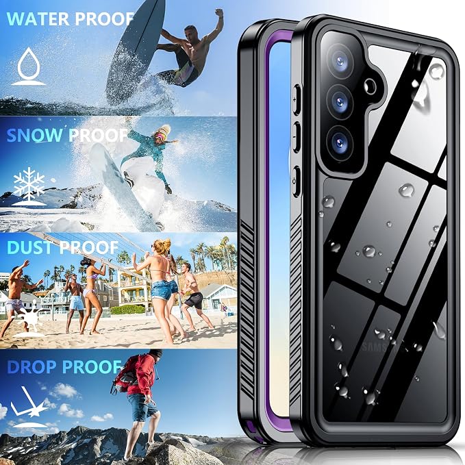 SPIDERCASE Designed for Samsung Galaxy S25 FE Case Waterproof,Built-in Screen & Camera Lens Protector[IP68 Underwater][Military Grade Shockproof] Full Body Protection Phone Case,Purple/Clear