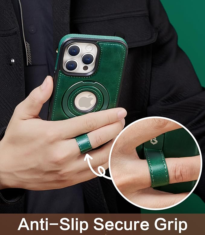 for iPhone 15 Pro Leather Case with Stand, Anti-Slip Grip Ring, Fits for MagSafe (Green, iPhone 15 Pro)