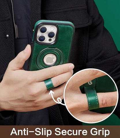 for iPhone 15 Pro Max Leather Case with Stand, Anti-Slip Grip Ring, Fits for MagSafe (Green, iPhone 15 Pro Max)