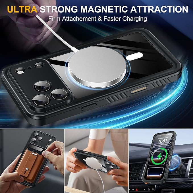 ANTSHARE for iPhone 17 Pro Max Case, Compatible with Magsafe, IP68 Waterproof Case, [Built-in Screen Protector] - 12 FT Military Dropproof - Full Body Heavy Duty Rugged Phone Cover - Black/Clear