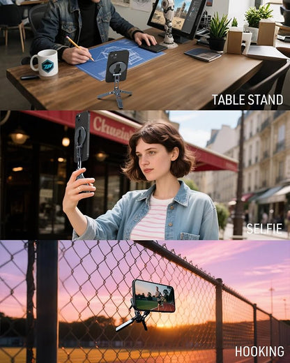 Magnetic Phone Mount,[Ultra-Thin] Magnetic Tripod for iPhone with Arca-Swiss&Cold Shoe&1/4" Screw&Foldable Hook Design,Phone Stand for iPhone 12-17 Series,Vlog,Gym,Travel Use