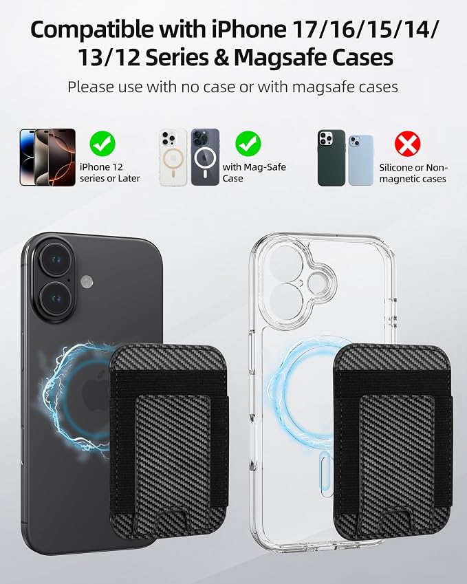 for Magsafe Wallet, Strongest Magnetic Wallet, for iPhone Walle t Magsafe with 2 Card Slots, Magnetic Card Holder for iPhone 17/16/15/14/13/12 Series, Vegan Leather, Fit 7 Cards, Black Carbon Fiber