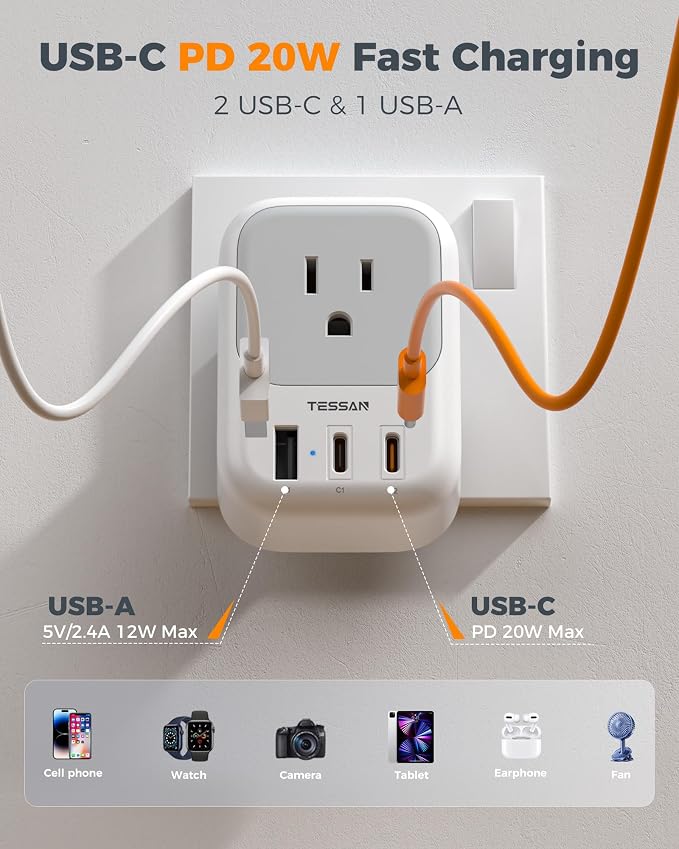 TESSAN UK Adapters for Travel 3 Pack, Type G Plug Adapter | PD 20W, 4 AC Outlets, 3 USB Ports (2 USB C), US to UK Ireland England London Dubai Scotland Hong Kong UAE, For Travel