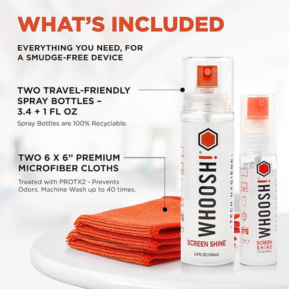 WHOOSH! Screen Shine Duo XL - Screen Cleaner Spray and Wipe for Eyeglasses, Phone & Laptop - Removes Fingerprints - Includes 3.4 oz + 1 oz Leak-Free Bottles & 2 Microfiber Cloths for Home & Travel