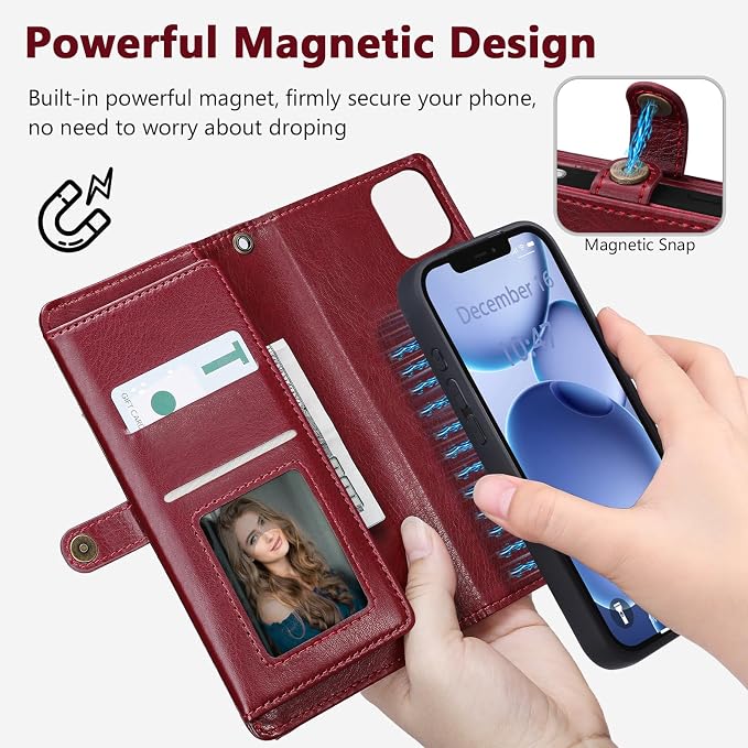 Wallet Case for iPhone 12 Pro Max with Card Holder/Crossbody Wallet/Strap| RFID Blocking | Magnetic | Kickstand | Detachable | PU Leather Phone Case for iPhone 12 Pro Max,6.7 in,Wine Red