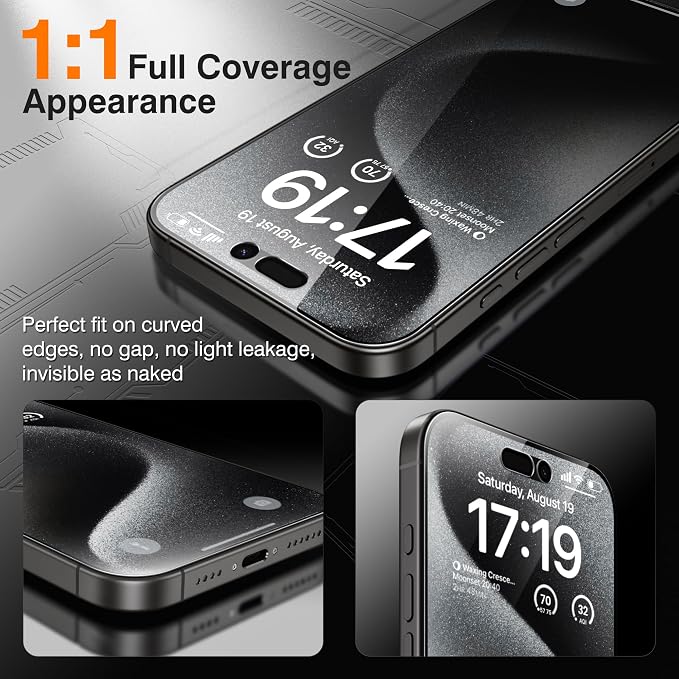 EZ-GLAZ- 4 Pack for iPhone 15 Pro Max Privacy Screen Protector [6.7"] With 2 Pack Camera Lens Protector, 9H+ Hardness 12FT Military Grade Shatterproof Scratch Resistant Durable Tempered Glass Film with Flawless Fit Kit