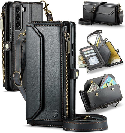 Strapurs Crossbody Wallet Case Compatible with Samsung Galaxy S22 Plus RFID Blocking Card Holder Soft PU Leather Magnetic Snap Strap Zipper Pocket Phone Case Fit for Galaxy S22+/ S22 Plus - Black