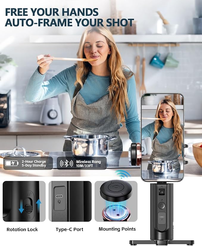Auto-Tracking Phone Tripod, 360° Rotation Auto Face Tracking Tripod with Gesture & Remote Control, Cell Phone Tripod Stand for Recording, Universal 1/4-Inch Mount for Tripods/Selfie Sticks