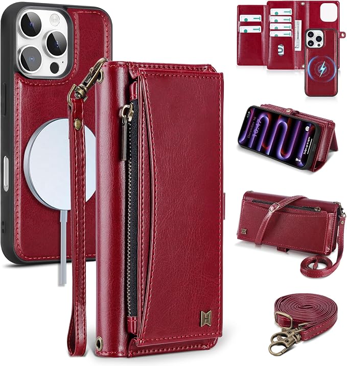 Wallet Case for iPhone 16 Pro Max with Card Holder/Crossbody Wallet/Strap| RFID Blocking | Magnetic | Kickstand | Detachable | PU Leather Phone Case for iPhone 16 Pro Max,6.9 in,Wine Red