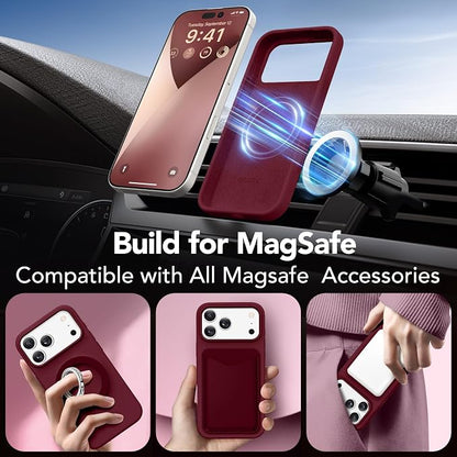 GONEZ Magnetic for iPhone 17 Pro Max Case, Compatible with MagSafe, [Screen Protector + Camera Lens Protector], Liquid Silicone Anti-Scratch Shockproof Protective Phone Case 6.9 inch, Maroon