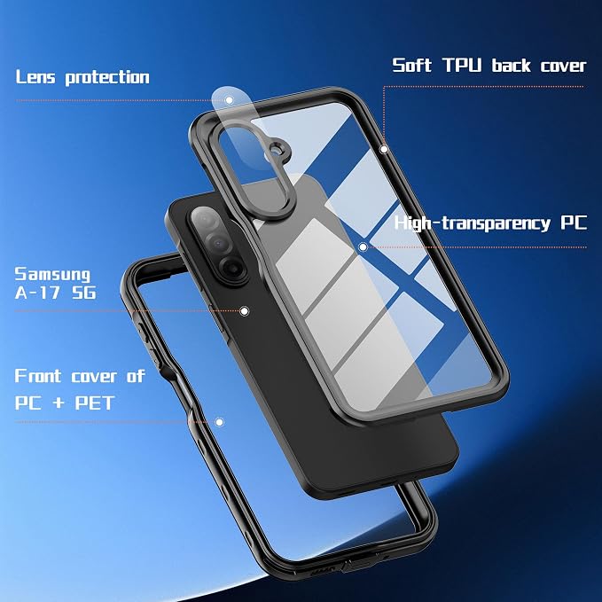 Waterproof Case Compatible with Samsung Galaxy A17 5G, Fully Sealed Underwater IP68 Waterproof Shockproof Dustproof Full-Body Protective Clear Cover Built-in Screen Protector. (Black)