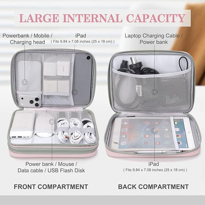 FYY Electronic Organizer, Extra Large Travel Cable Organizer Bag Pouch Portable Waterproof Double Layers All-in-One Storage Bag for iPad, Cable, Power Bank, Laptop Charger for Office/Home, Light Pink