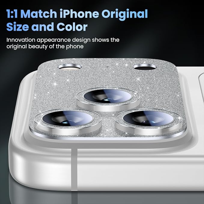 Uyiton for iPhone 17-Pro-Max Camera-Lens Protector: Bling [Not Easy to Break][Strong Adsorption][Case-Friendly] Metal Tempered Glass Rear Camera Screen Cover - Glitter Silver
