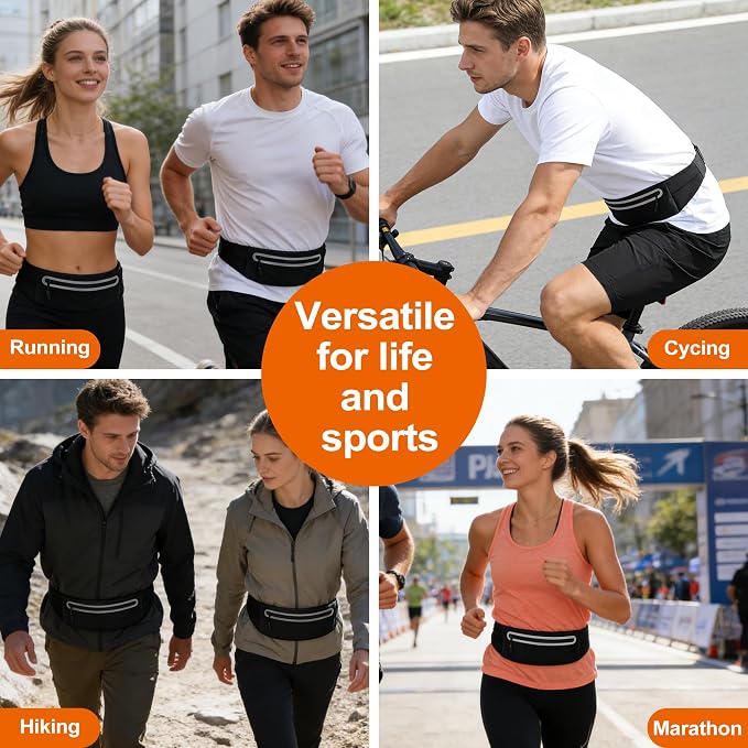 Slim Running Belt for Men Women - No-Bounce Phone Holder Waist Pack, Runners Fanny Pack with Sweat-Proof Pocket ，Travel Money Pouch for Gym/Hiking/Cycling (Black)