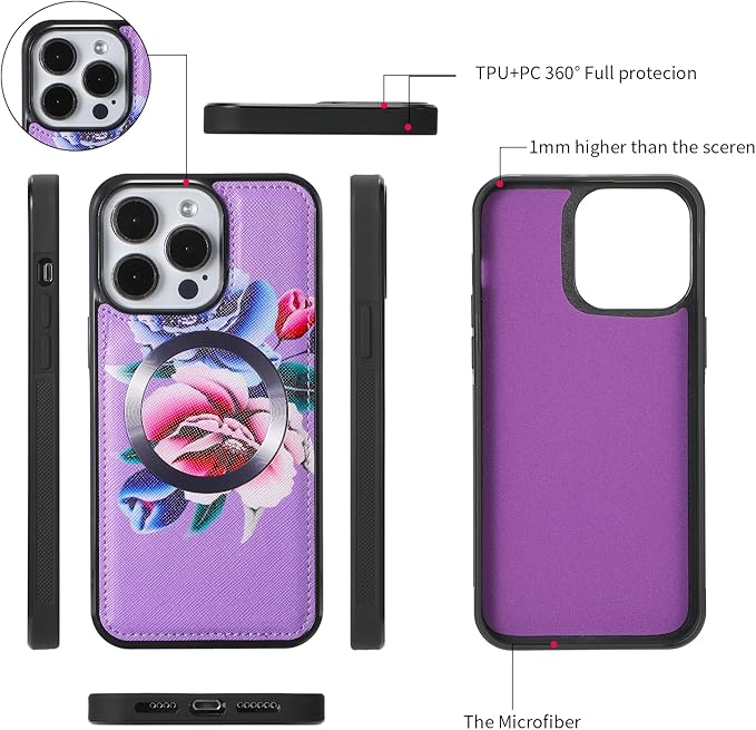 Crossbody Wallet Case for iPhone 16 Pro 6.3", Magnetic Detachable Floral PU Leather Phone Case with RFID Blocking Card Holder Wristlet Mirror Flip Zipper Shoulder Purse Bag for Women - Purple