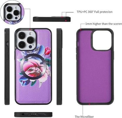 Crossbody Wallet Case for iPhone 16 Pro 6.3", Magnetic Detachable Floral PU Leather Phone Case with RFID Blocking Card Holder Wristlet Mirror Flip Zipper Shoulder Purse Bag for Women - Purple