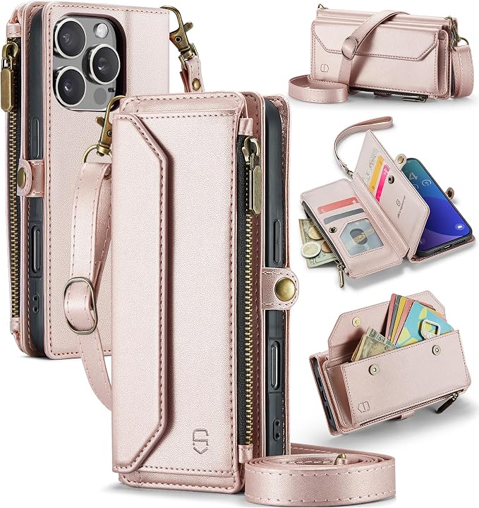 Strapurs Wallet Case Compatible with iPhone 16 Pro 6.3" RFID Blocking 10-Card Holder Soft PU Leather Magnetic Snap Shoulder Strap Zipper Pocket Phone Case Fit for iPhone 16 Pro for Women - Rose Gold