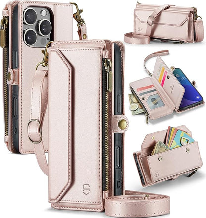 Strapurs Wallet Case Compatible with iPhone 16 Pro 6.3" RFID Blocking 10-Card Holder Soft PU Leather Magnetic Snap Shoulder Strap Zipper Pocket Phone Case Fit for iPhone 16 Pro for Women - Rose Gold