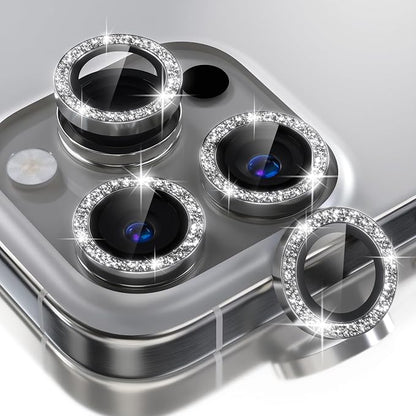 Choiche Compatible for iPhone 16 Pro/iPhone 16 Pro Max Camera Lens Protector Bling, 9H Tempered Glass Camera Cover Screen Protector Metal Ring Decoration Accessories(Glitter-Titanium Natural)