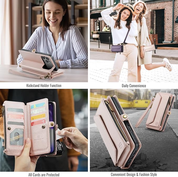 Strapurs Wallet Case Compatible with iPhone 17 Pro Max 6.9" RFID Blocking 10-Card Holder Soft PU Leather Magnetic Snap Shoulder Strap Zipper Pocket Phone Case Fit for iPhone 17 Pro Max - Rose Gold
