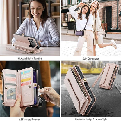 Strapurs Wallet Case Compatible with iPhone 17 Pro Max 6.9" RFID Blocking 10-Card Holder Soft PU Leather Magnetic Snap Shoulder Strap Zipper Pocket Phone Case Fit for iPhone 17 Pro Max - Rose Gold