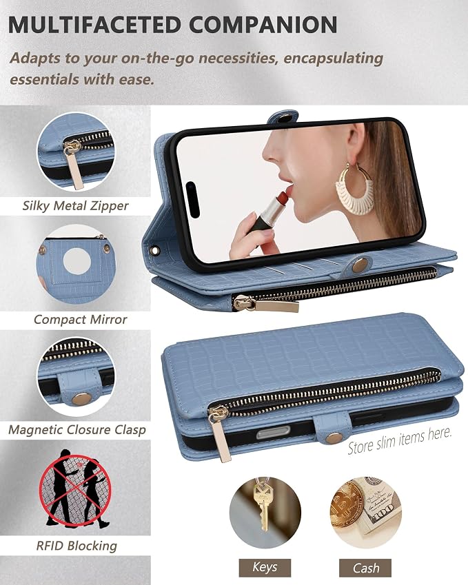 Crossbody Wallet Case for iPhone 16 Pro with Mirror, Wrist Strap, Zipper Purse Magnetic Flip RFID Blocking Card Holder, Wireless Charging, PU Leather Shockproof 6.3" Women (Blue)